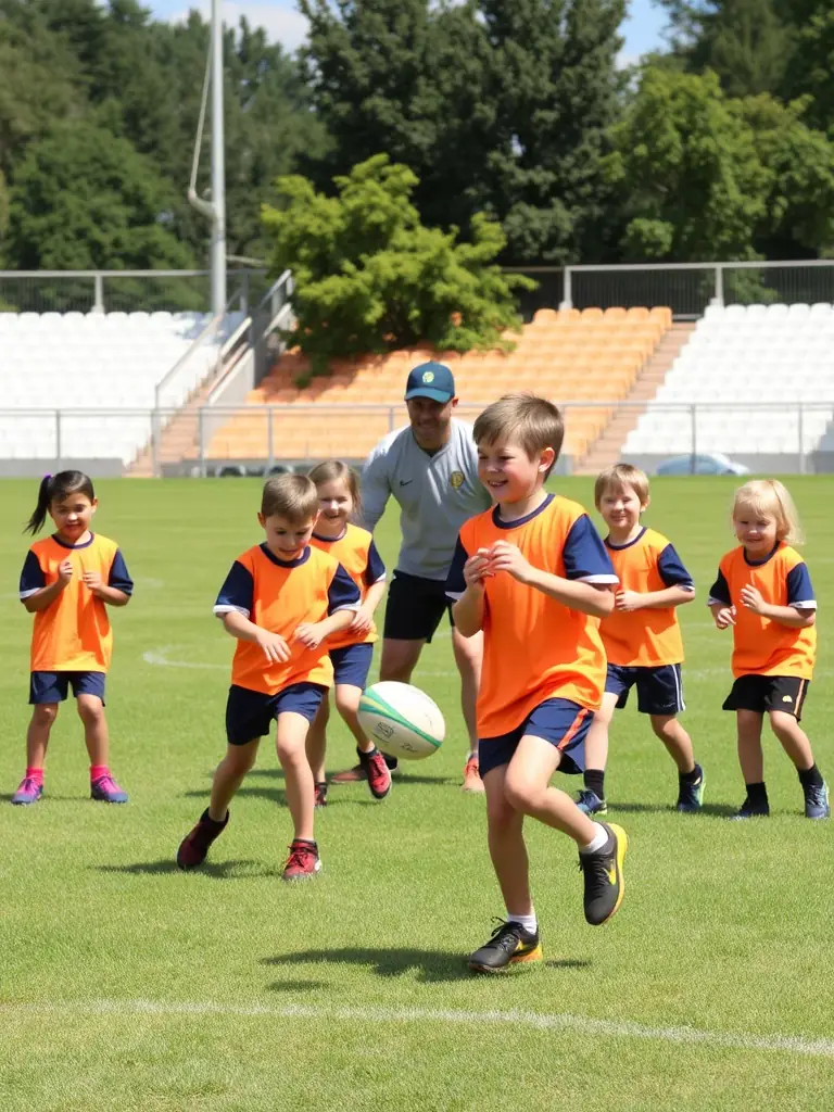A dynamic image of children participating in a rugby training session, emphasizing the fun and inclusive nature of the program.