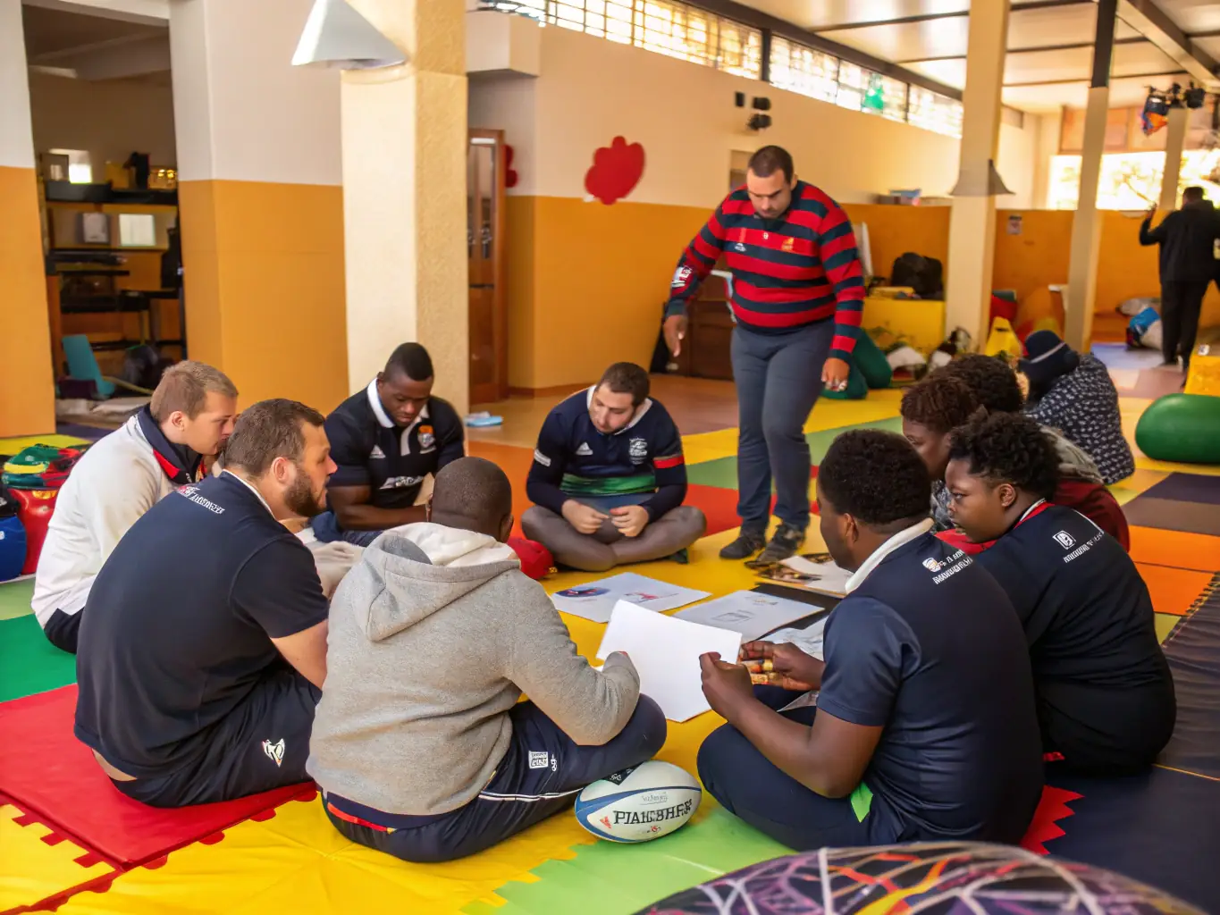 A diverse group of community members participating in a rugby-related event organized by OLYMPIC RUGBY CLUB RIOM ES MONTAGNE, highlighting the club's commitment to social inclusion and community engagement. The event includes families, children, and adults of various backgrounds.