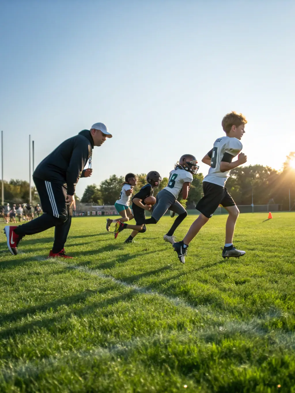 A group of young rugby players from Olympic Rugby Club Riom Es Montagne participating in a training session on a sunny field, showcasing teamwork and skill development.