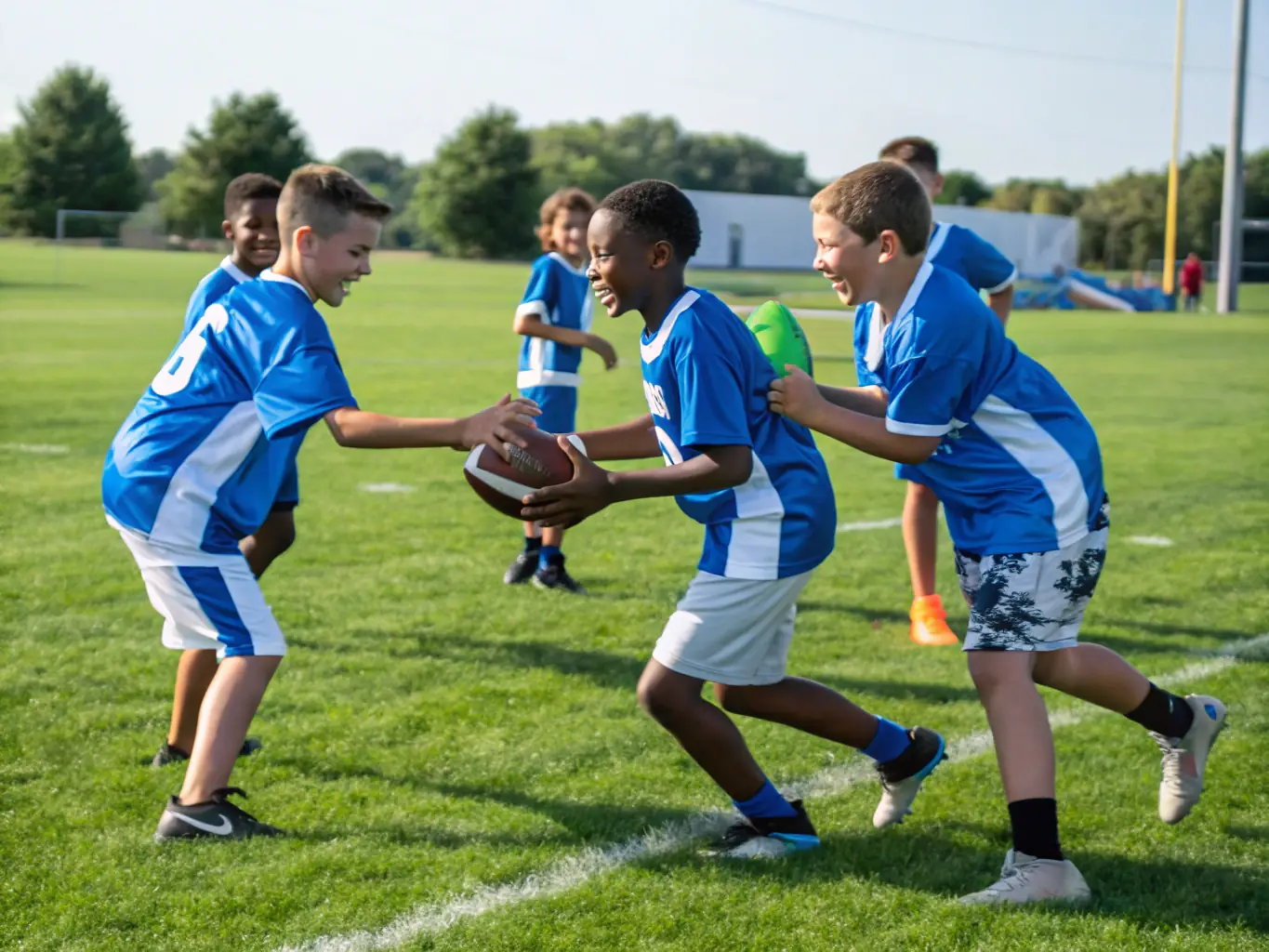 A dynamic action shot of young rugby players participating in a training session, showcasing teamwork and skill development under the guidance of experienced coaches at OLYMPIC RUGBY CLUB RIOM ES MONTAGNE.