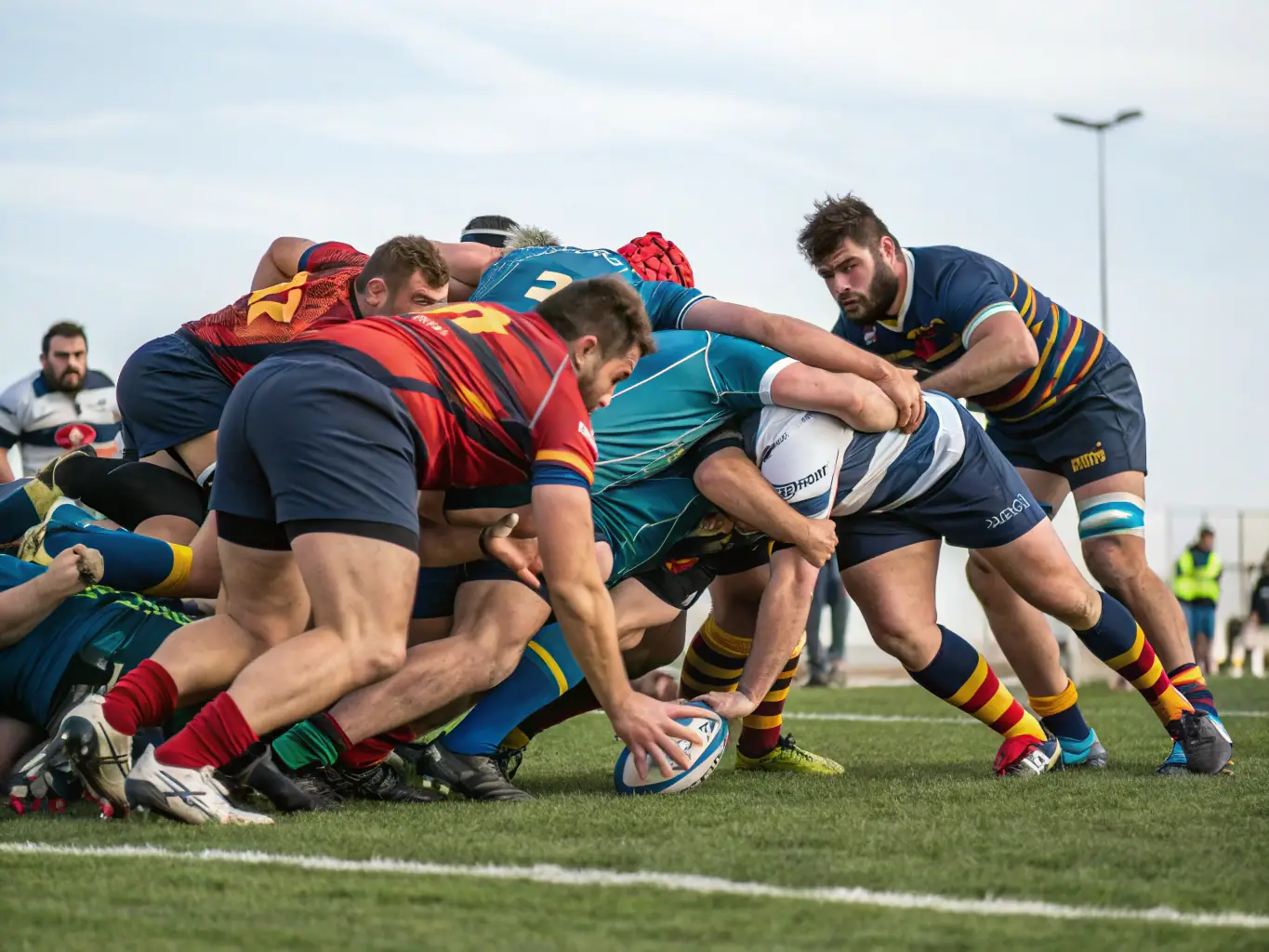 A dynamic action shot of rugby players in a scrum, showcasing teamwork and physical exertion during a match. The players are wearing the OLYMPIC RUGBY CLUB RIOM ES MONTAGNE jerseys, set against a backdrop of cheering spectators.
