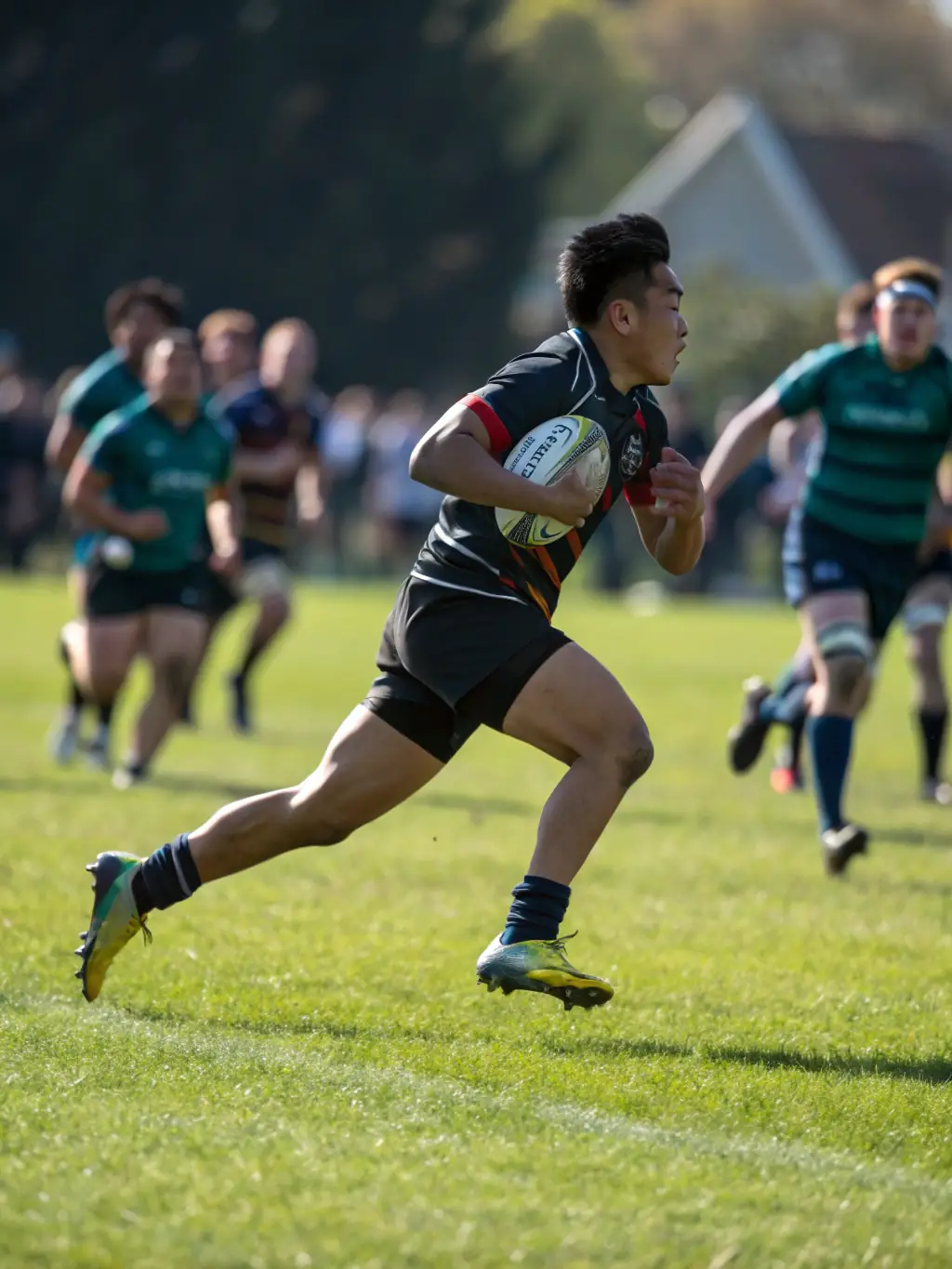 A photo of adult players engaged in a competitive rugby match, showcasing the intensity and camaraderie of the sport.