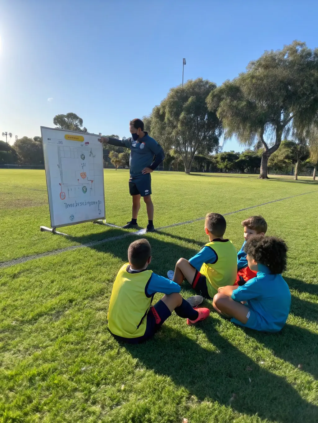 A coach from Olympic Rugby Club Riom Es Montagne leading a physical education session for local school children, promoting health and fitness through rugby-based activities.